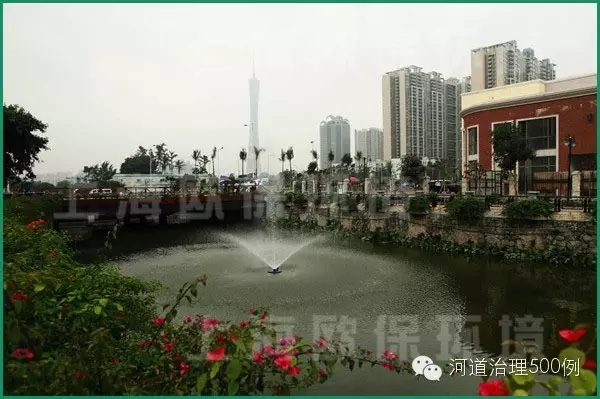 广州河涌上的浮水喷泉式曝气机，增氧造景