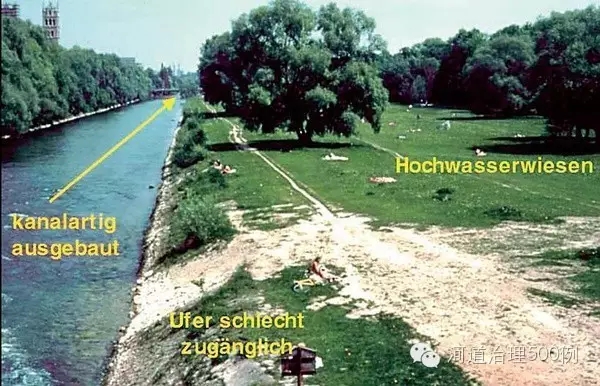 改造完的河道明显分为两部分，渠状部分和用于洪水时的滩涂绿地